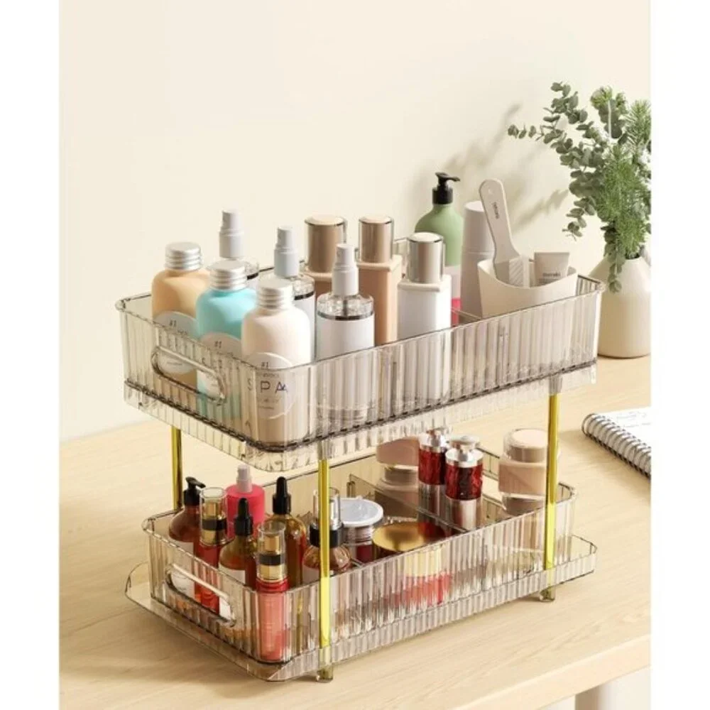 New 2-Tier Champagne Gold Makeup Organizer with Dividers for Vanity & Room